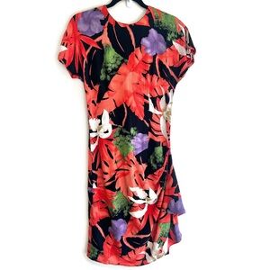 90s Flirty Cocktail Dress Tropical Hibiscus Print Coral Black Small